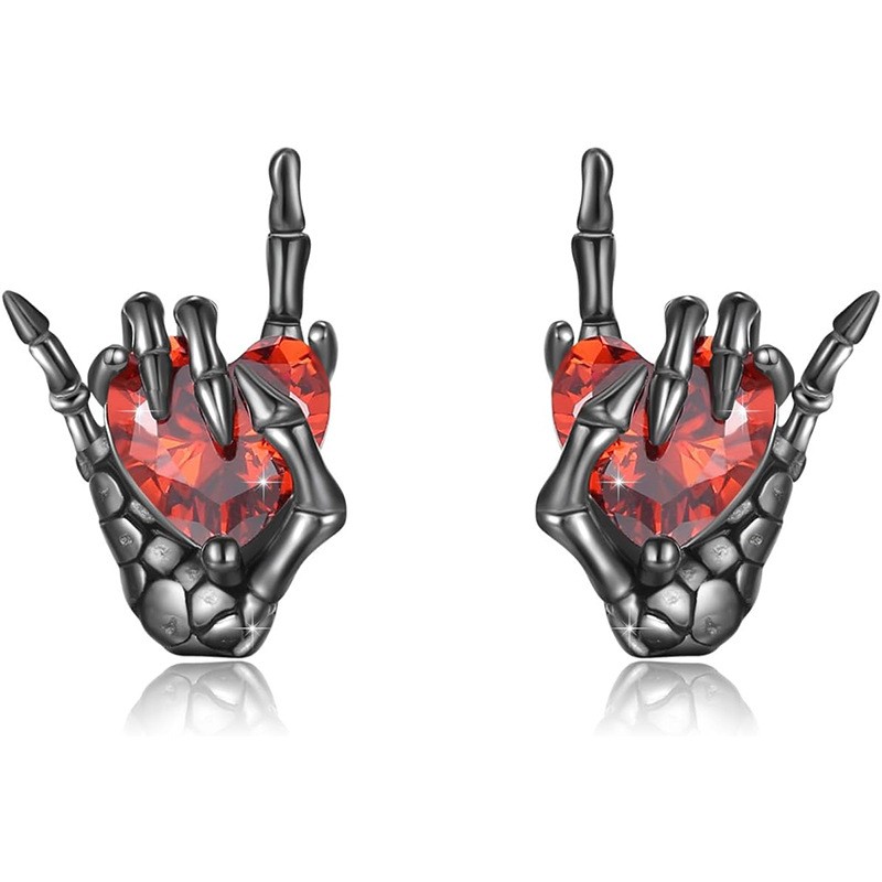 Retro Dark Series Ghost Hand Gesture Than Heart Diamond Stud Earrings