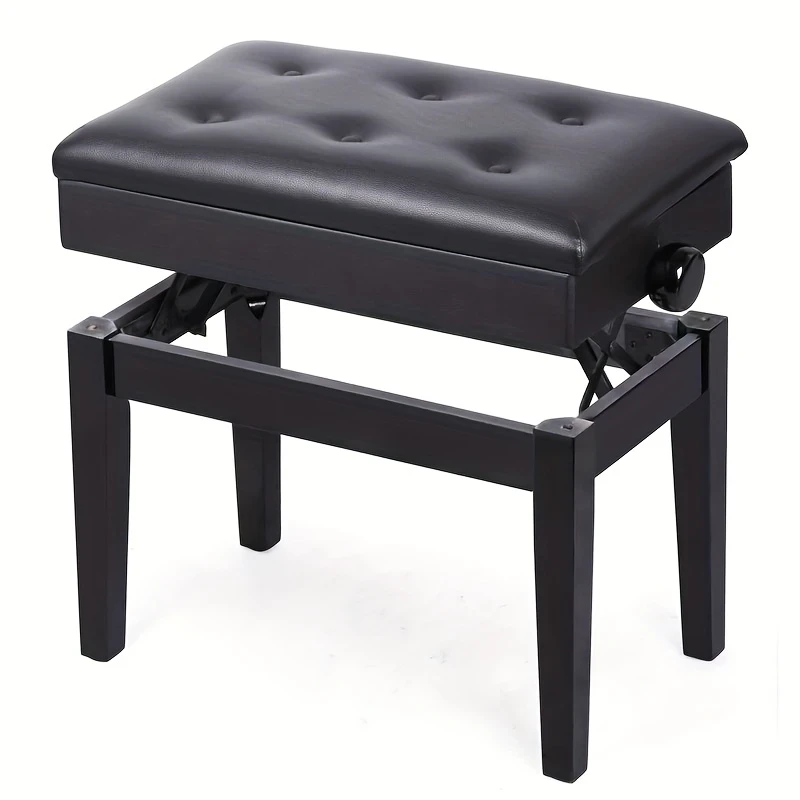 Adjustable Height Piano Stool with Button-Tufted Black Cushion