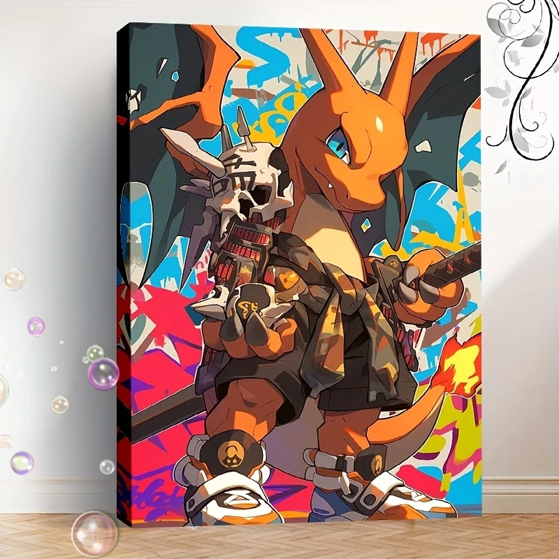 1pc Anime Fire-Breathing Dragon Canvas Wall Art Graffiti-Style Framed Poster with Skull & Sword Design