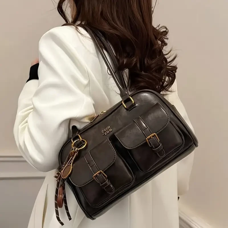 Women's Coffee Brown Multi-Pocket Shoulder Bag with Golden-Tone Hardware & Letter Embellishments  Stylish Versatile Crossbody Purse for Travel, Work, Shopping, Dates, Work Handbag