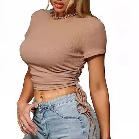 Fashion Women's Wear Summer Midriff-baring Top Round Neck Short Sleeve