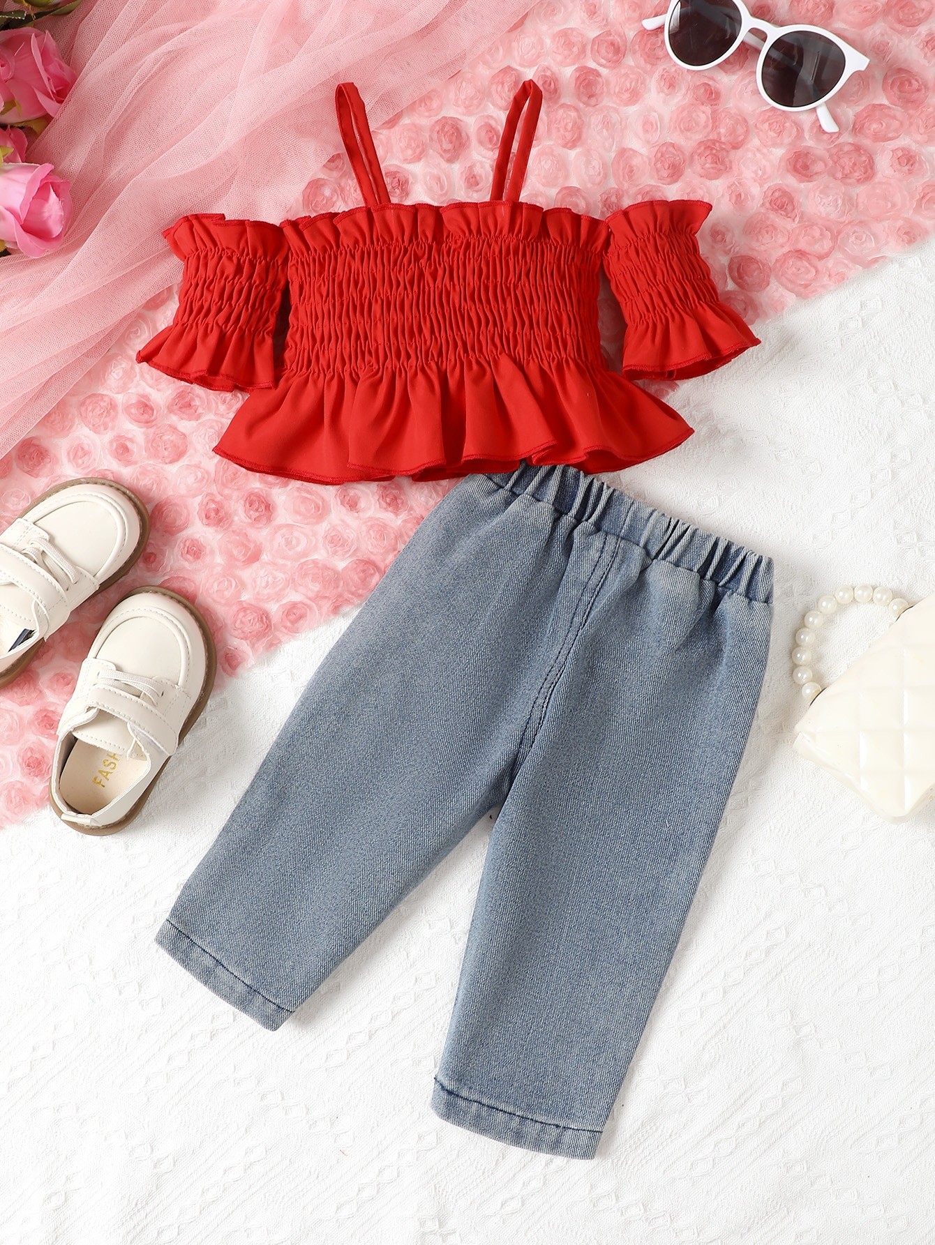 Children's Work Clothes Solid Color Vest Top And Jeans