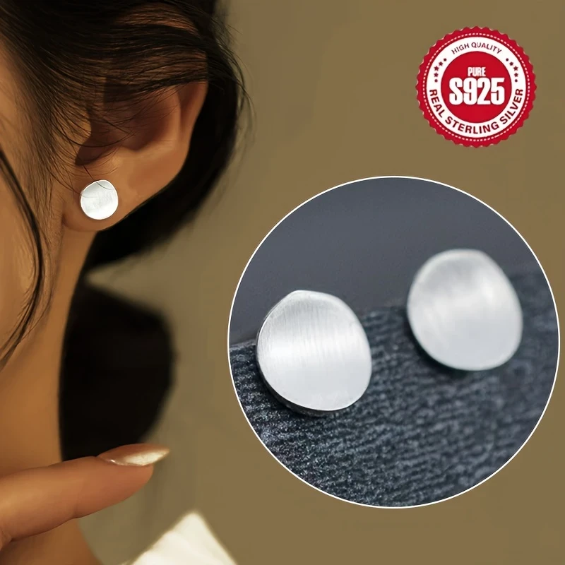 Elegant 925 Sterling Silver Stud Earrings Matte Texture Concave Design