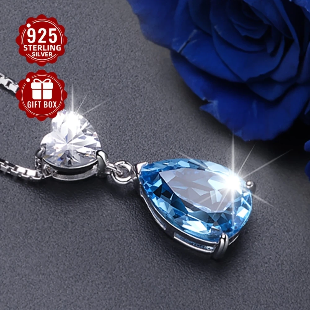Elegant Blue Synthetic Zirconia Heart Pendant Necklace for Women  Vintage Style