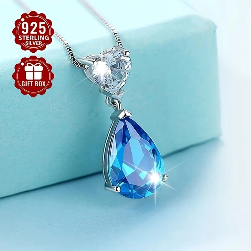 Elegant Blue Synthetic Zirconia Heart Pendant Necklace for Women  Vintage Style