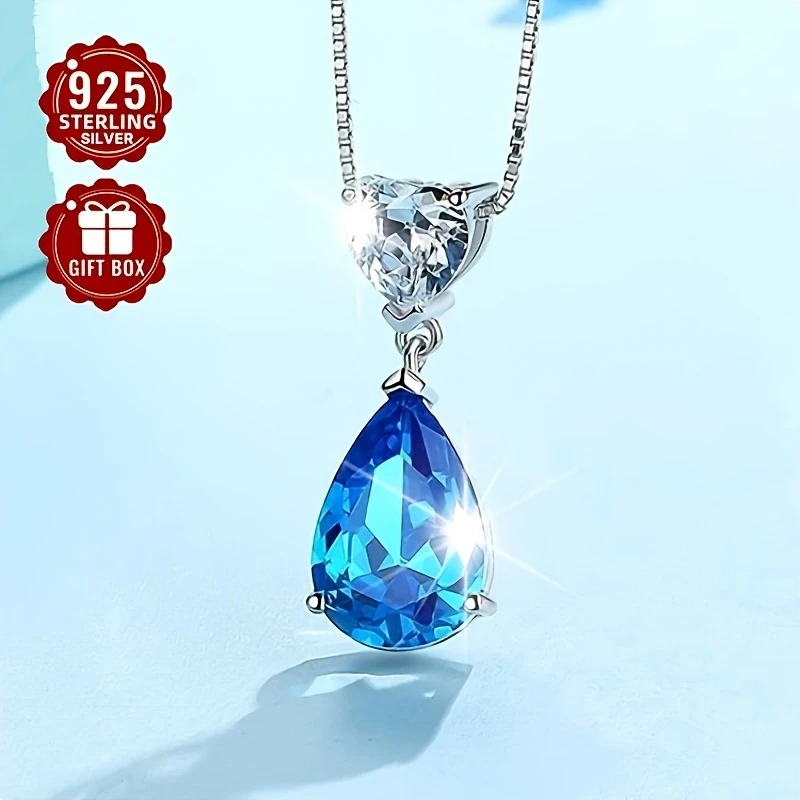 Elegant Blue Synthetic Zirconia Heart Pendant Necklace for Women  Vintage Style