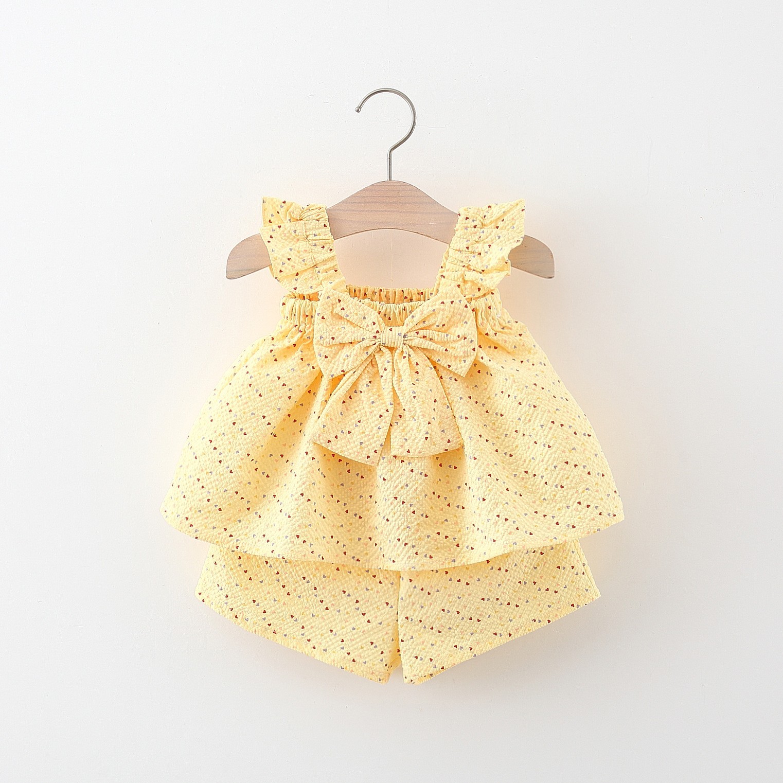 Flying Sleeve Length Bowknot Dress Shorts Two-piece Set