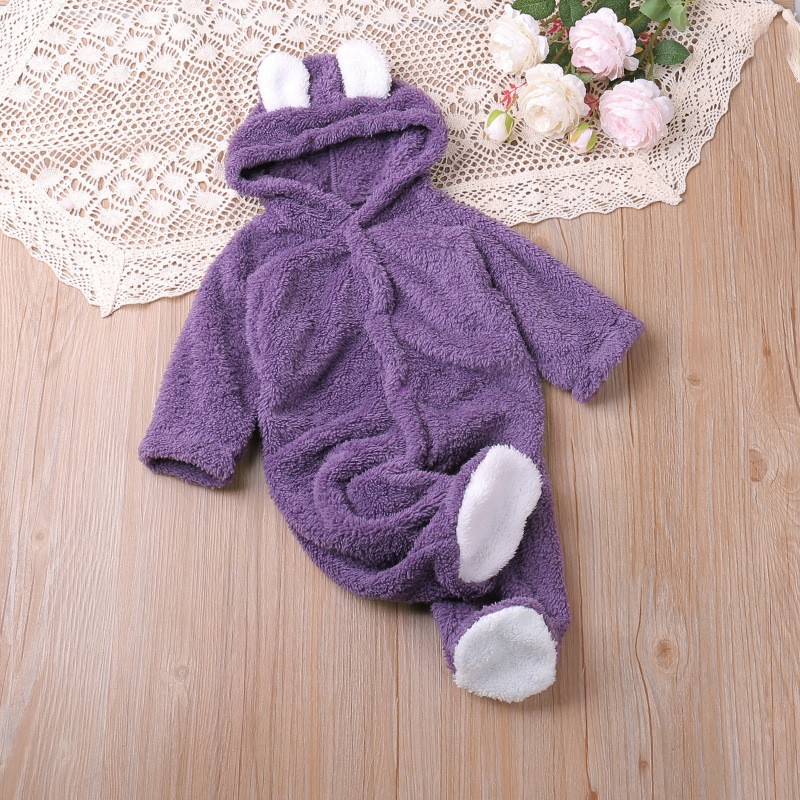 Autumn And Winter Coral Fleece Hood Long-sleeved Romper Toddler Cute Warm Jumpsuit