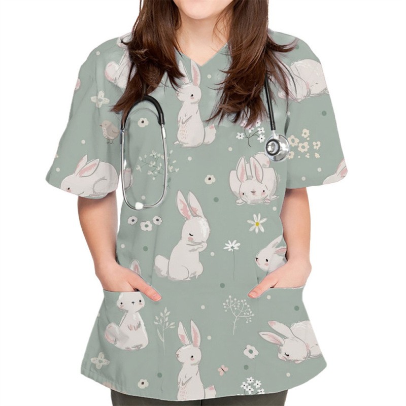 V-neck Cute Plain Pattern Series 3D Cloth For Nursing Workers