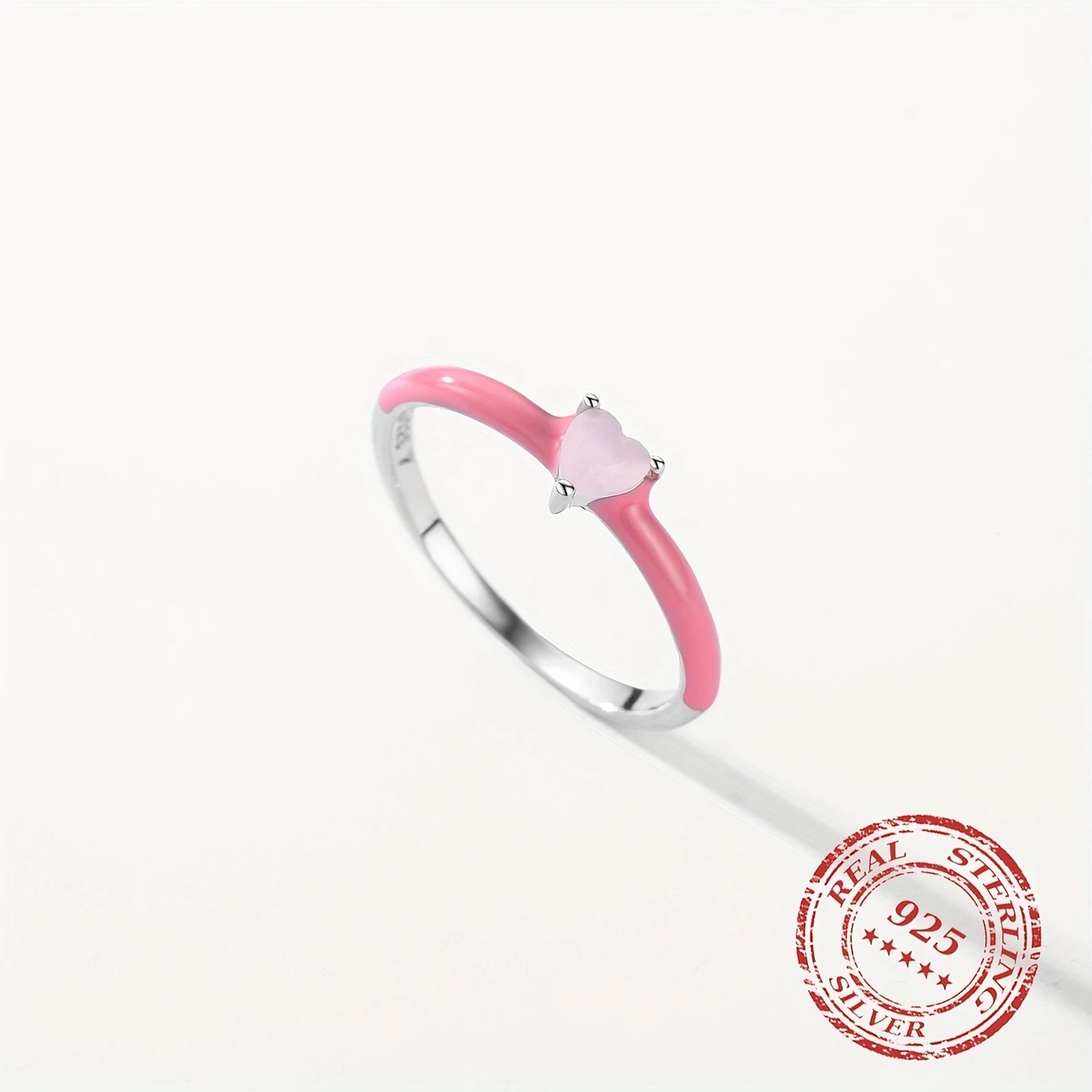 925 Sterling Silver New Design Pink Enamel Ring with Heart CZ Trendy Stackable Jewelry for Women, Perfect Gift for Parties