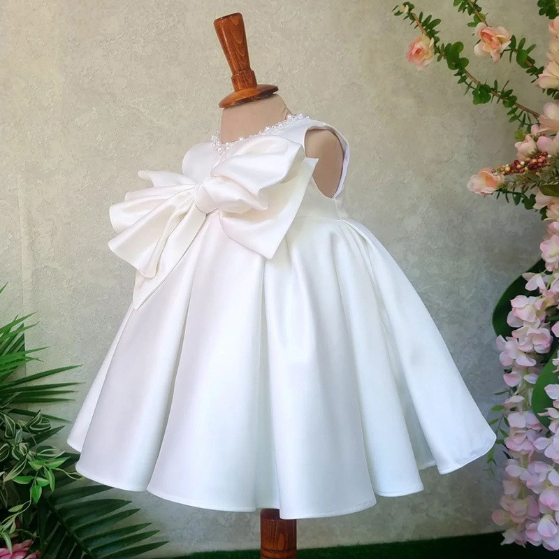 Girl's White Bowknot Pettiskirt Sleeveless Princess Dress