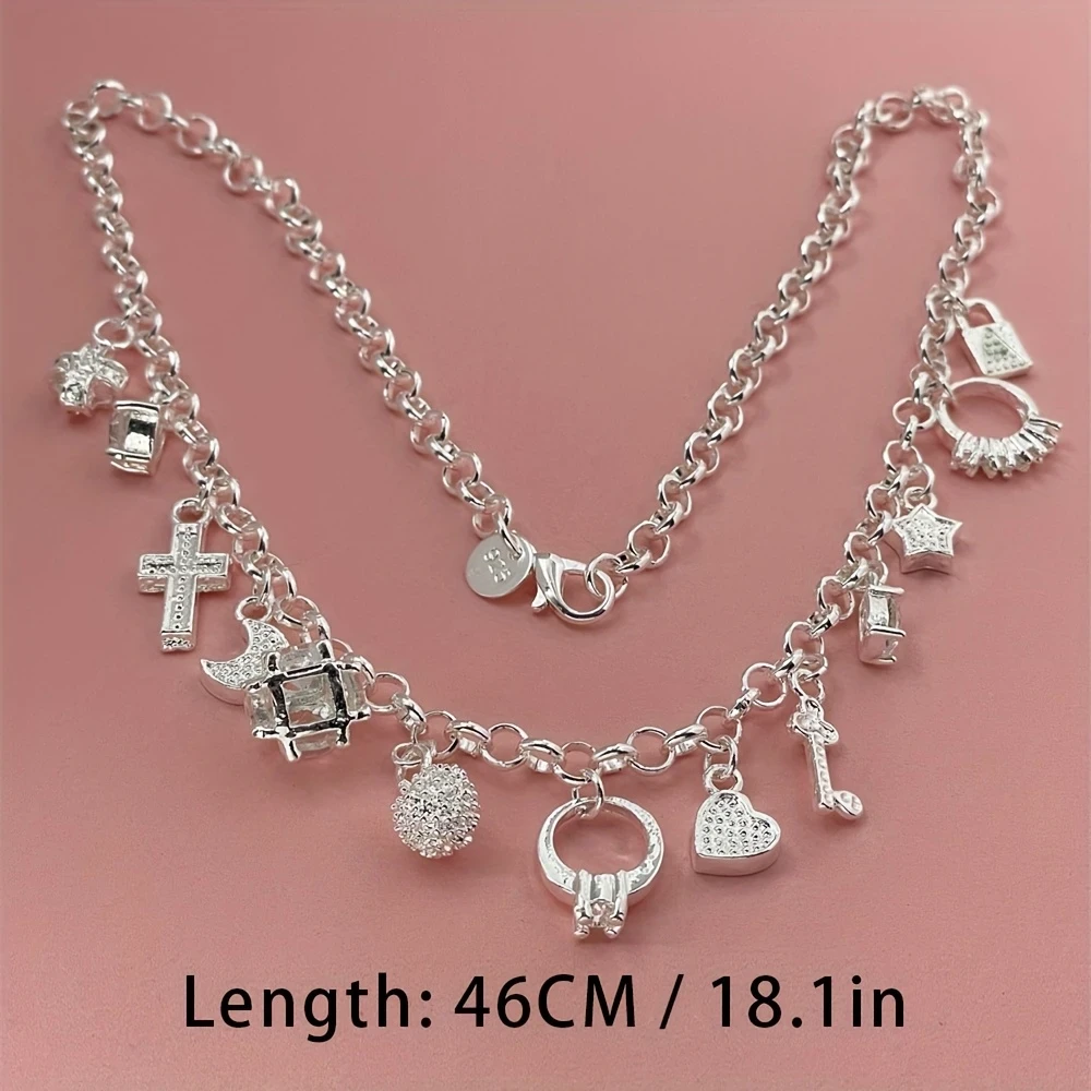 925 Sterling Silver 45cm (18inch) Chain Necklace with Thirteen Pendant Multi-Element  Fashion Simple Silver Jewelry for Women, Men, and Lady