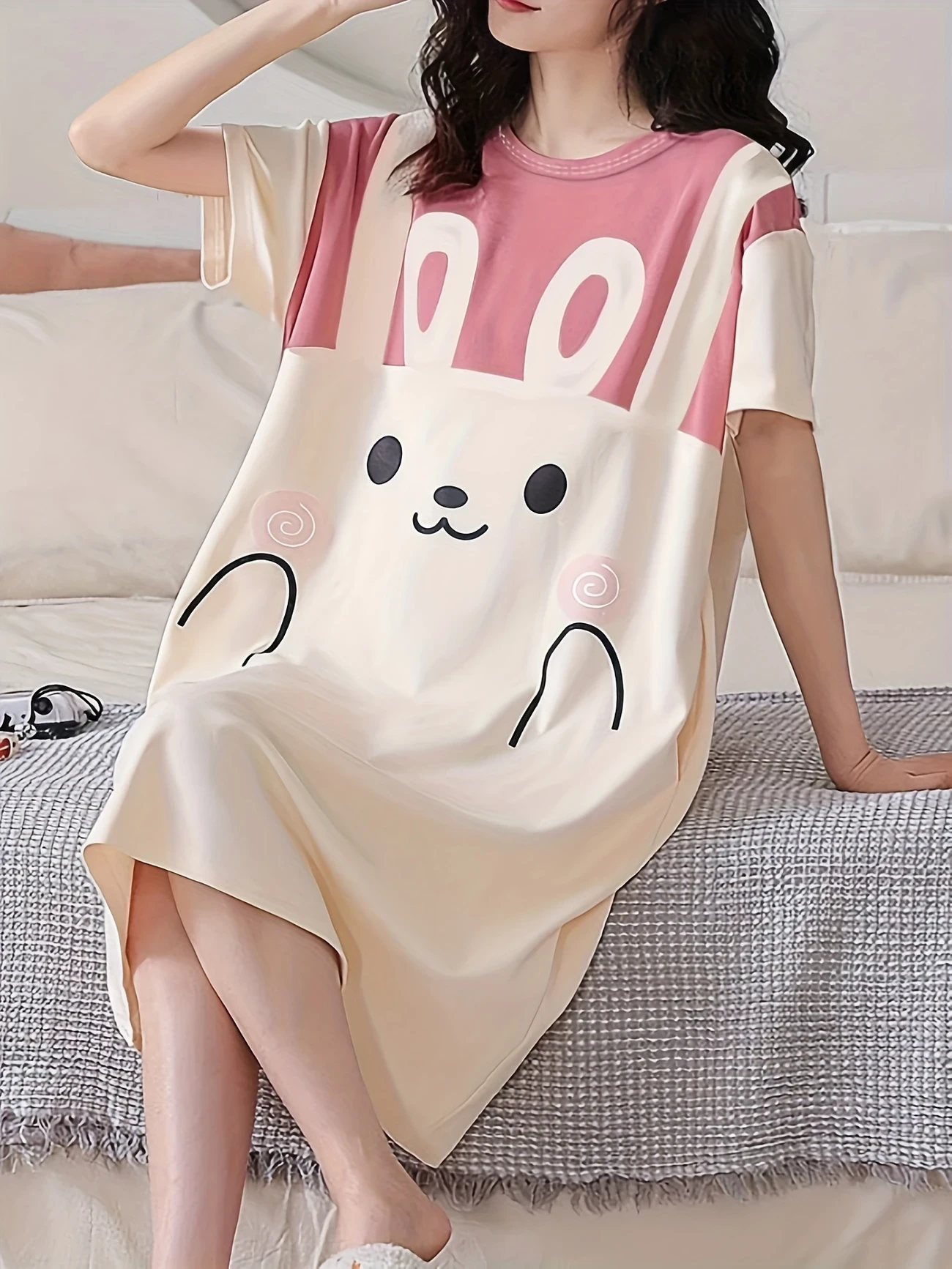 Adorable Rabbit Print Womens Nightdress  Lightweight & Comfortable Short Sleeve Tee Dress with Soft Round Neck, Loose Fit for Summer Sleep and Lounge