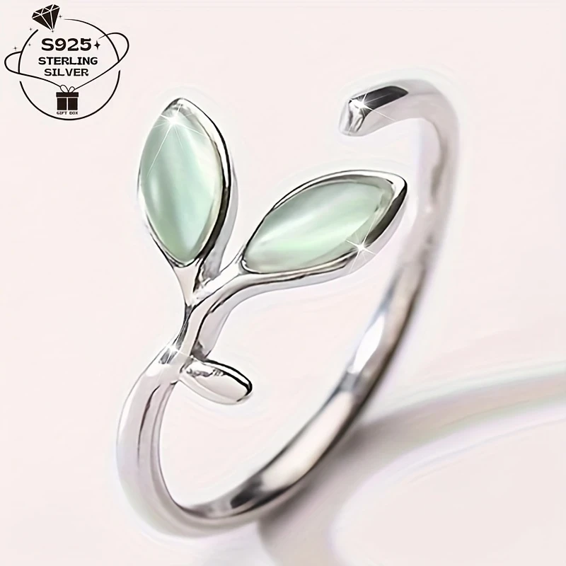 Elegant S925 Silver Womens Wedding Band with Green Teardrop Design  Minimalist Open Ring for Daily Wear