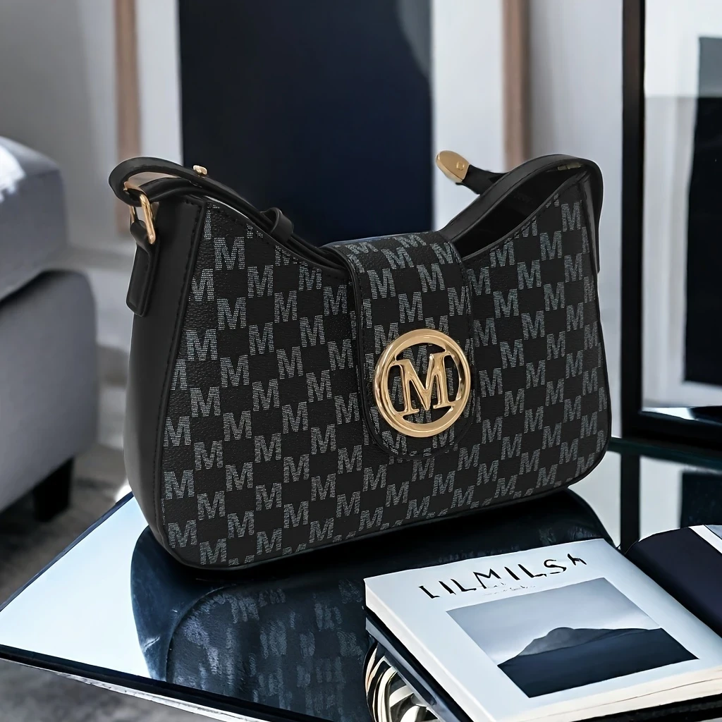 Chic M-Print Womens Crossbody Bag  Sleek Black with Golden-Tone Clasp, Zipper Closure & Polyester Lining