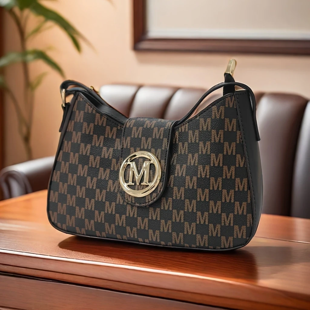 Chic M-Print Womens Crossbody Bag  Sleek Black with Golden-Tone Clasp, Zipper Closure & Polyester Lining