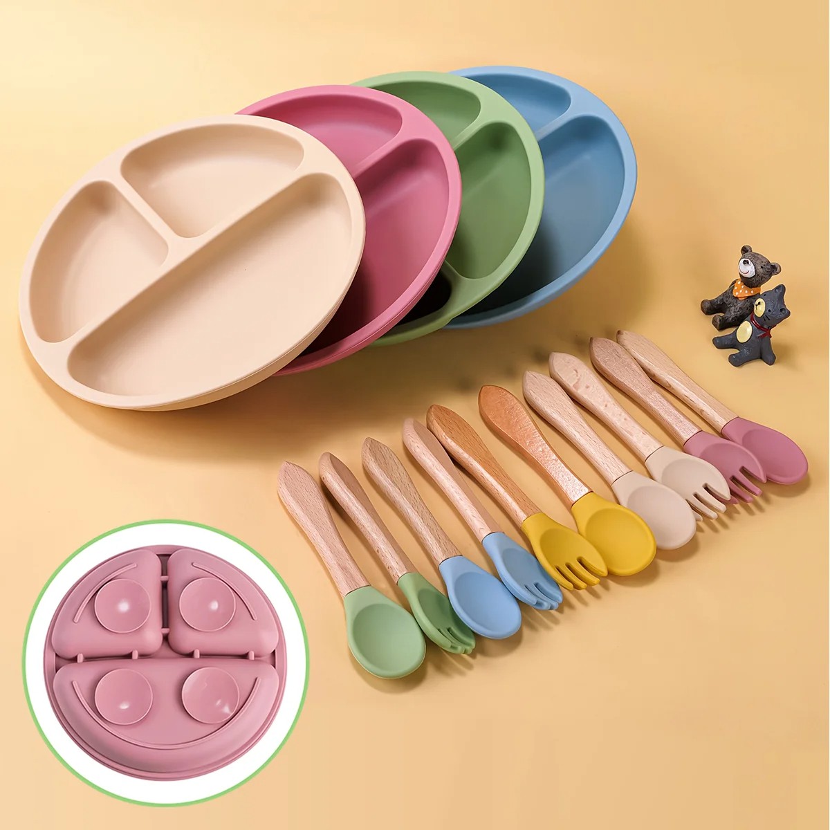 Silicone Baby Feeding Set  BPA-Free Suction Bowl, Divided Plate, Spoon, Fork & Bibs