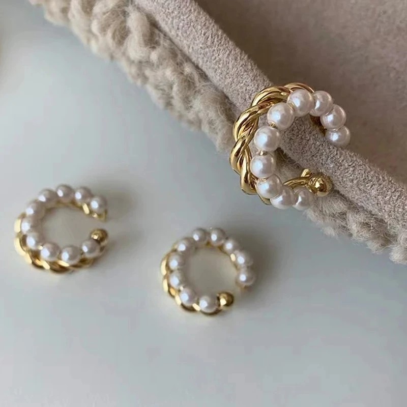 New Korean Gold Color Double Circle Twist Pearl Ear Cuff