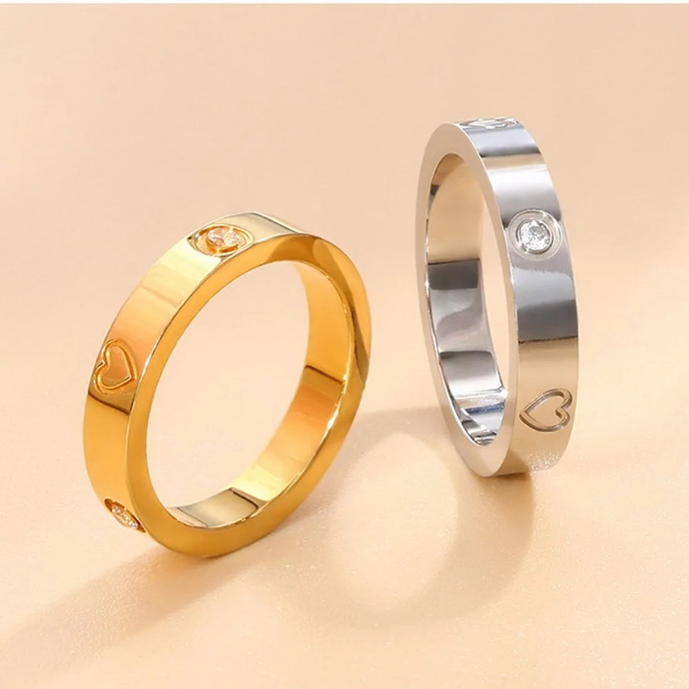 CZ Zircon Love Heart Engraved Stainless Steel Ring for Women