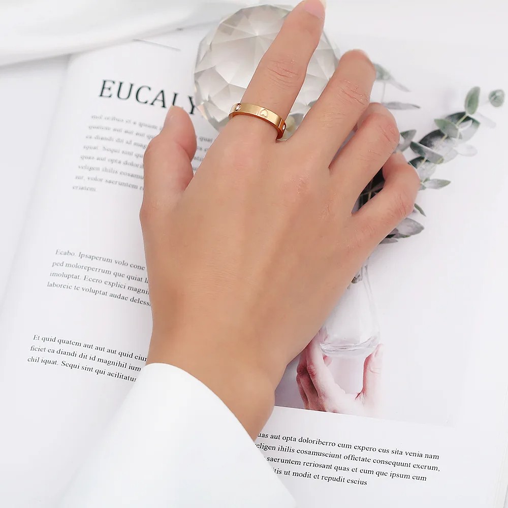 CZ Zircon Love Heart Engraved Stainless Steel Ring for Women