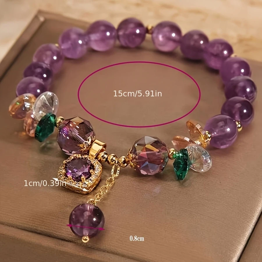 Elegant Retro Amethyst Bead Bracelet with Golden-Tone Accents and Crystal Pendant  Bohemian Charm for Every Occasion