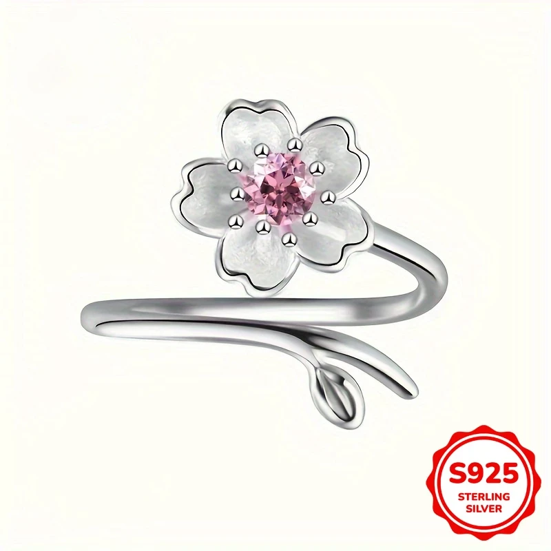 Elegant Sakura Adjustable Ring  925 Silvery Set with Shining Zirconia for Daily and Vacation Wear