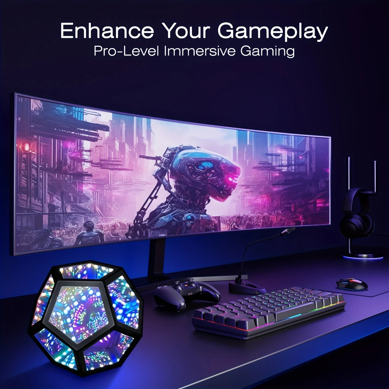 RGBW Color Changing Music Sync Infinity Dodecahedron Mirror Lamp  Ultimate Ambient Lighting for Gaming Room, Bedroom, and Desk Decor