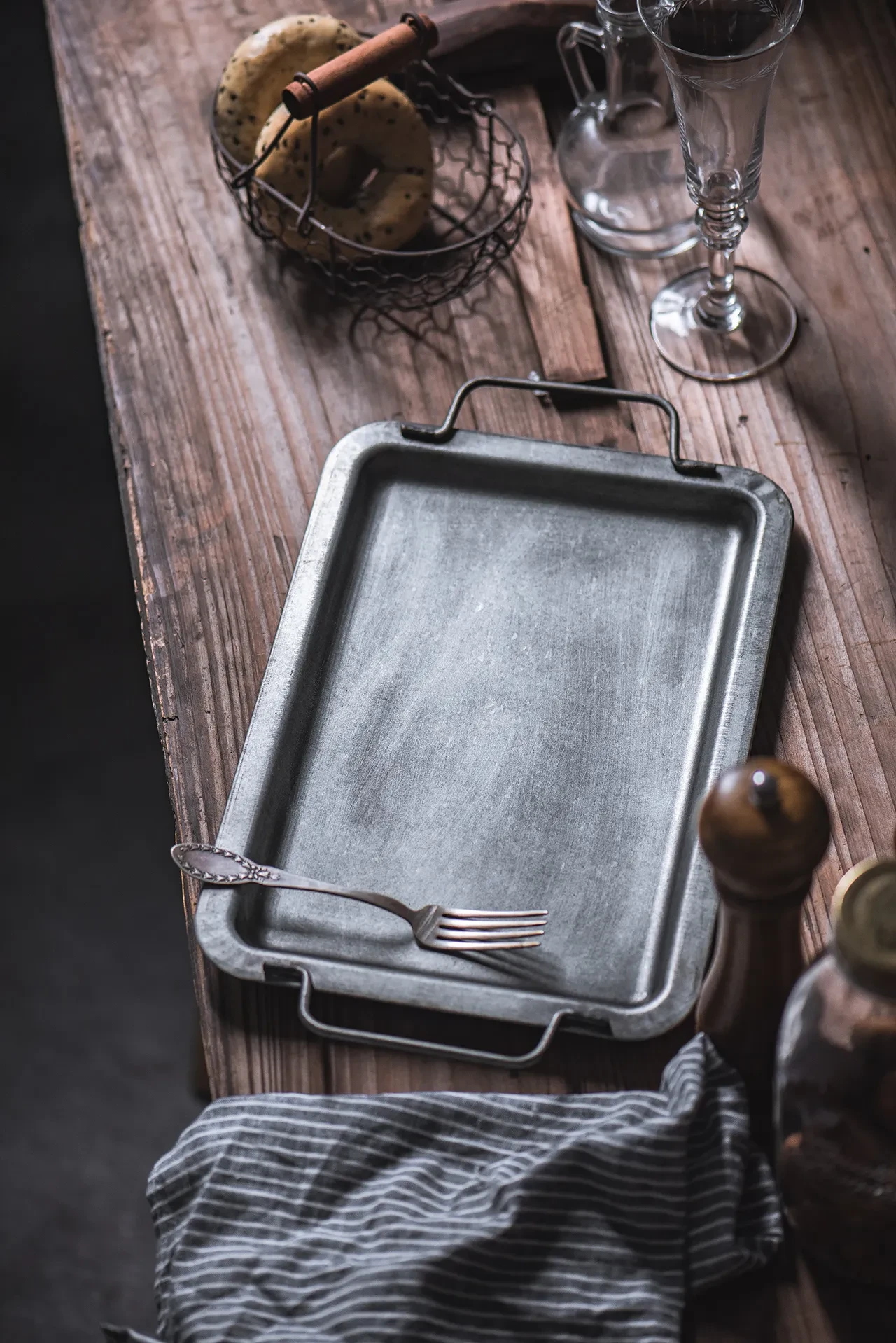 Old Fashioned Silver Gray Iron Handle Tray