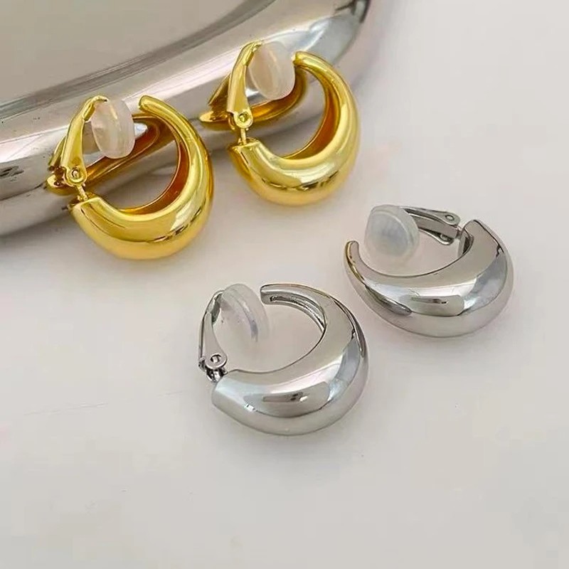 New Gold Color Round Chunky Clip-On Earrings for Women