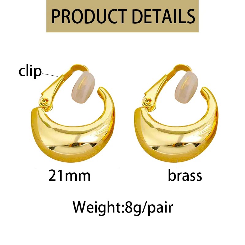 New Gold Color Round Chunky Clip-On Earrings for Women