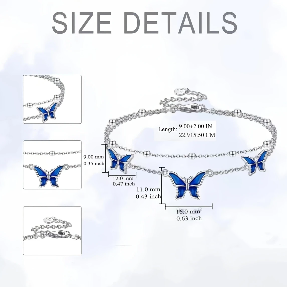 White Golden Butterfly Anklet  Elegant White Golden-Plated Copper Butterfly Anklet with Blue Enamel Accents