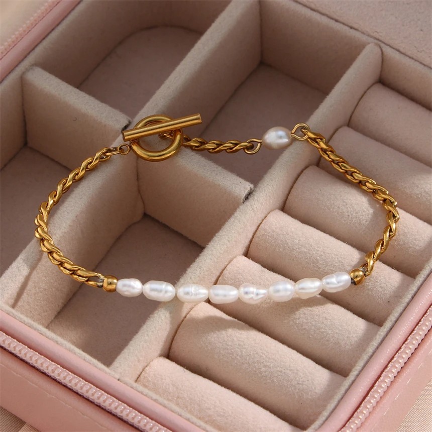 316L Stainless Steel Simplicity Vintage Irregular Shaped Imitate Pearl OT Buckle Chain Bracelets