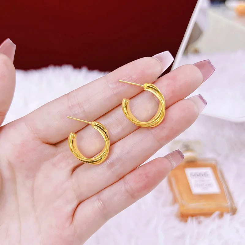 Luxury 24K 9999 Pure Gold C-Shaped Earrings for Women