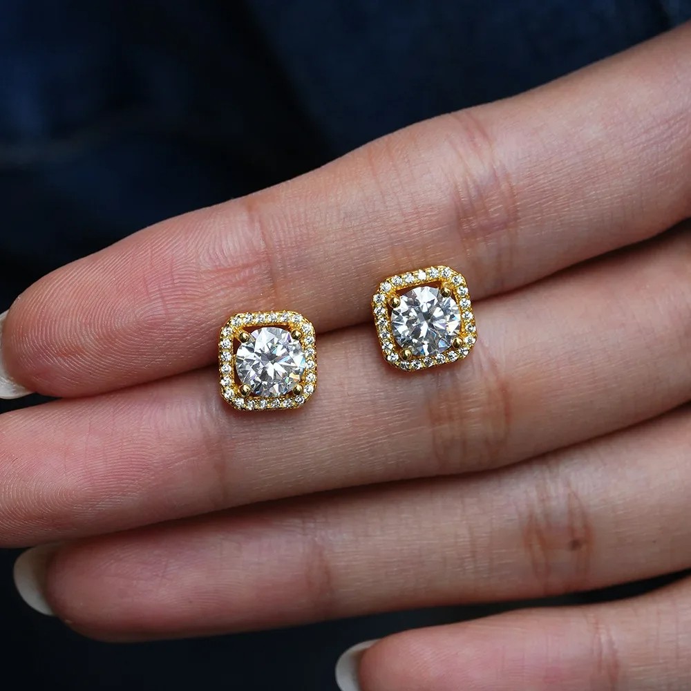 Luxury 100% Real 18K Gold Ring and Square Moissanite Women's Luxury Classic Earrings