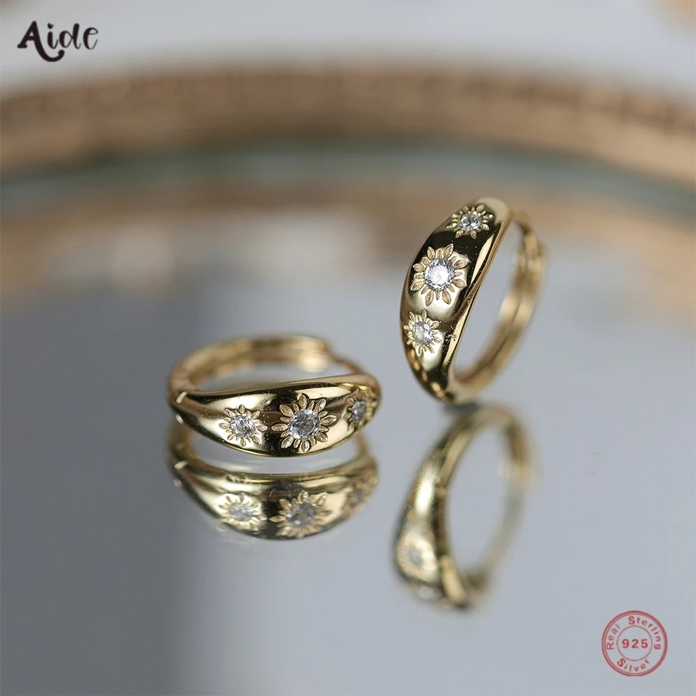 Aide 925 Sterling Silver Eight-Pointed Star Sturdy Gold Hoop Buckle Earrings