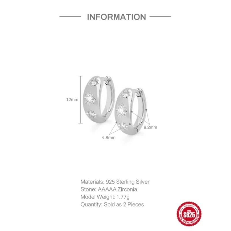 Aide 925 Sterling Silver Eight-Pointed Star Sturdy Gold Hoop Buckle Earrings