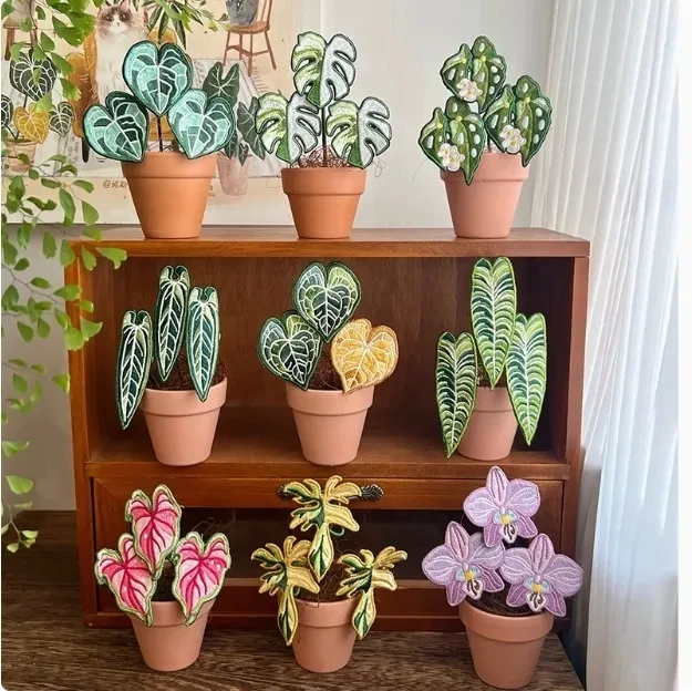 Indoor Tropical Plants Handmade Embroidery Green Plant Potted Plants