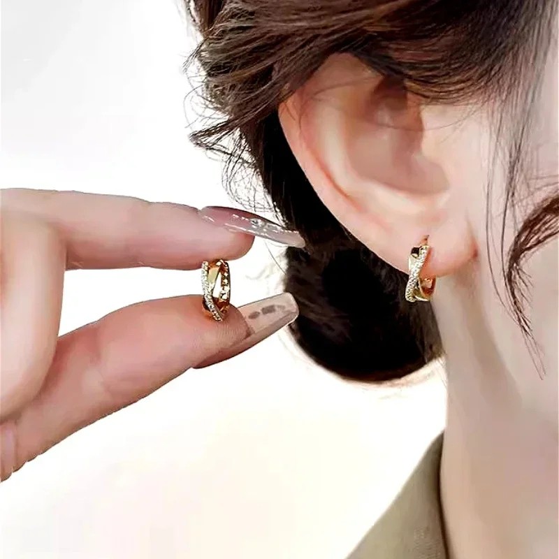 Real 925 Sterling Silver 14K Gold Hollow Cross Wave Zircon Hoop Earrings for Women