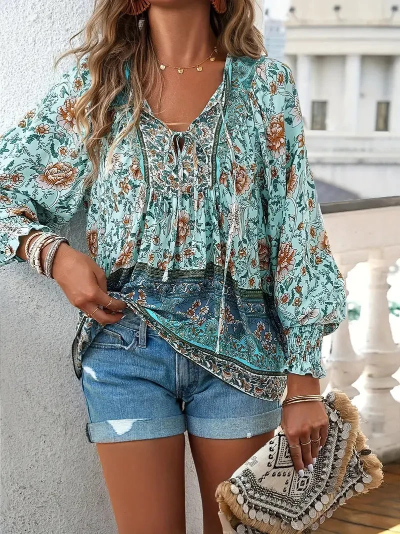 Bohemian Vacation Style Printed V-neck Lace-up Long Sleeve Top