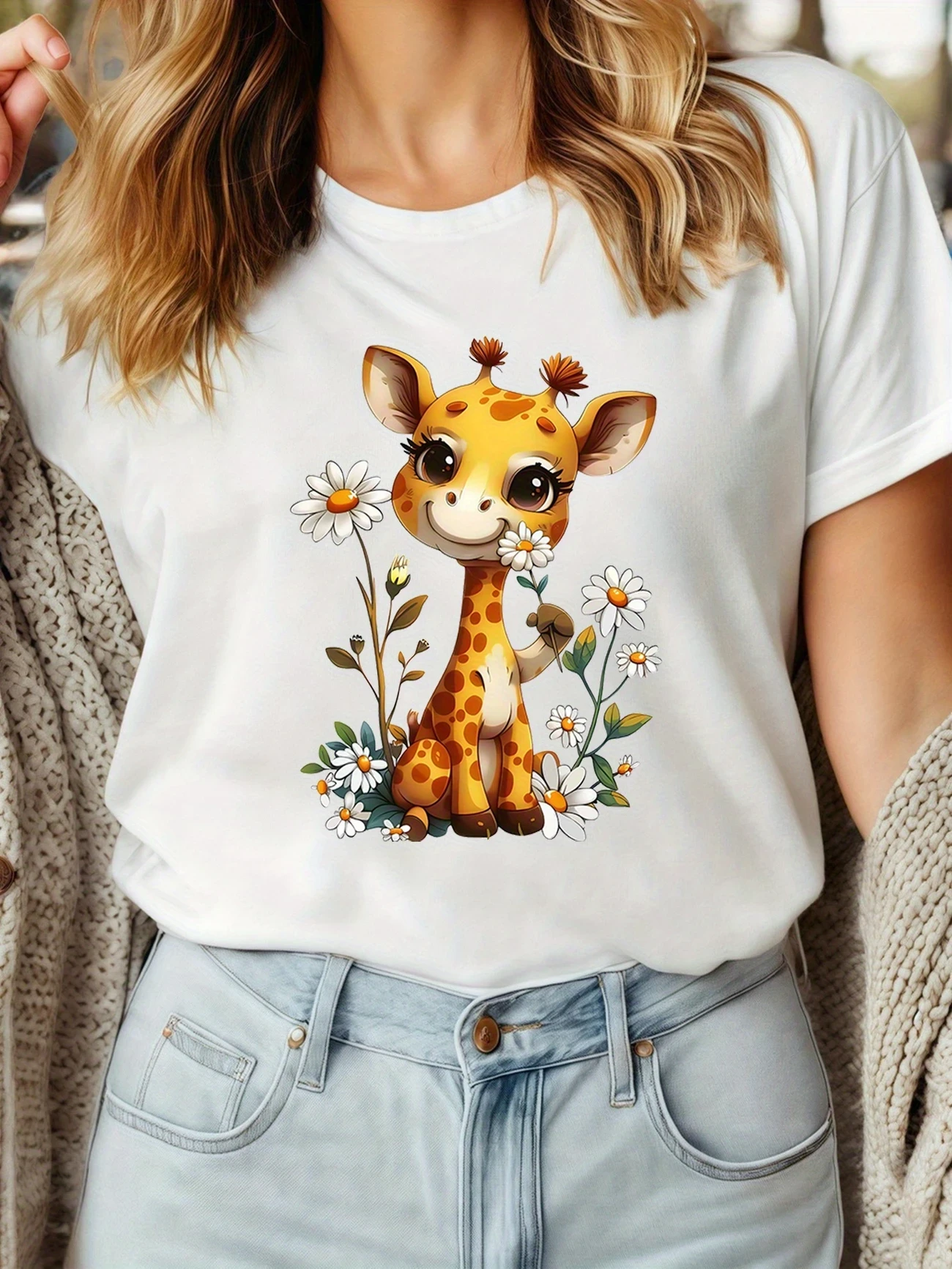 Giraffe Black and White Cartoon T-Shirt