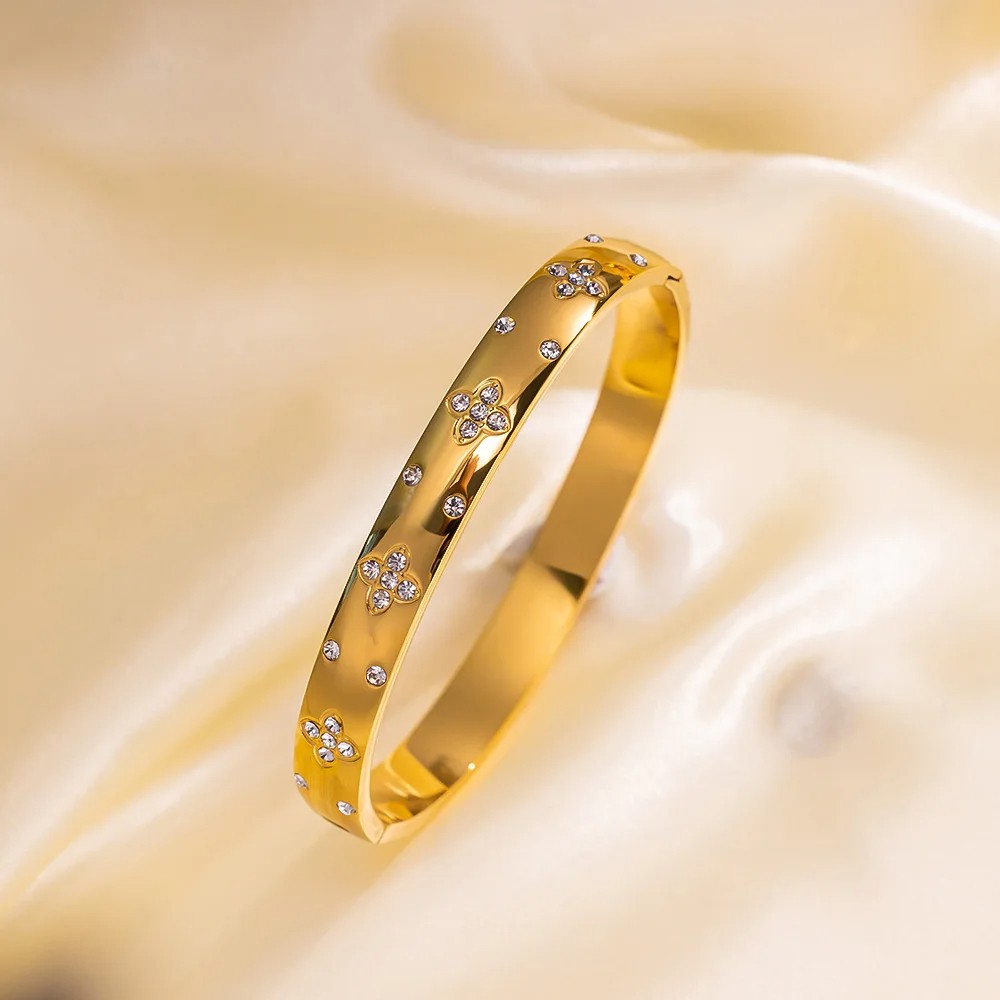 Stainless Steel Bangles Bracelet for Women  Fashion Jewelry with Zirconia Flower Design