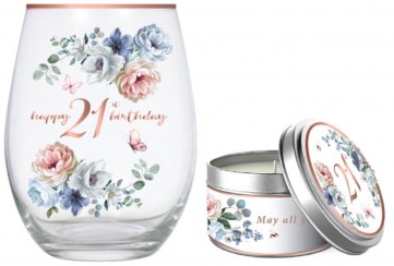 21ST DANCING ROSES STEMLESS GLASS 520ML & CANDLE GIF