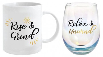 **RISE AND GRIND 360ML MUG & STEMLESS GLASS 600ML GIFT SET