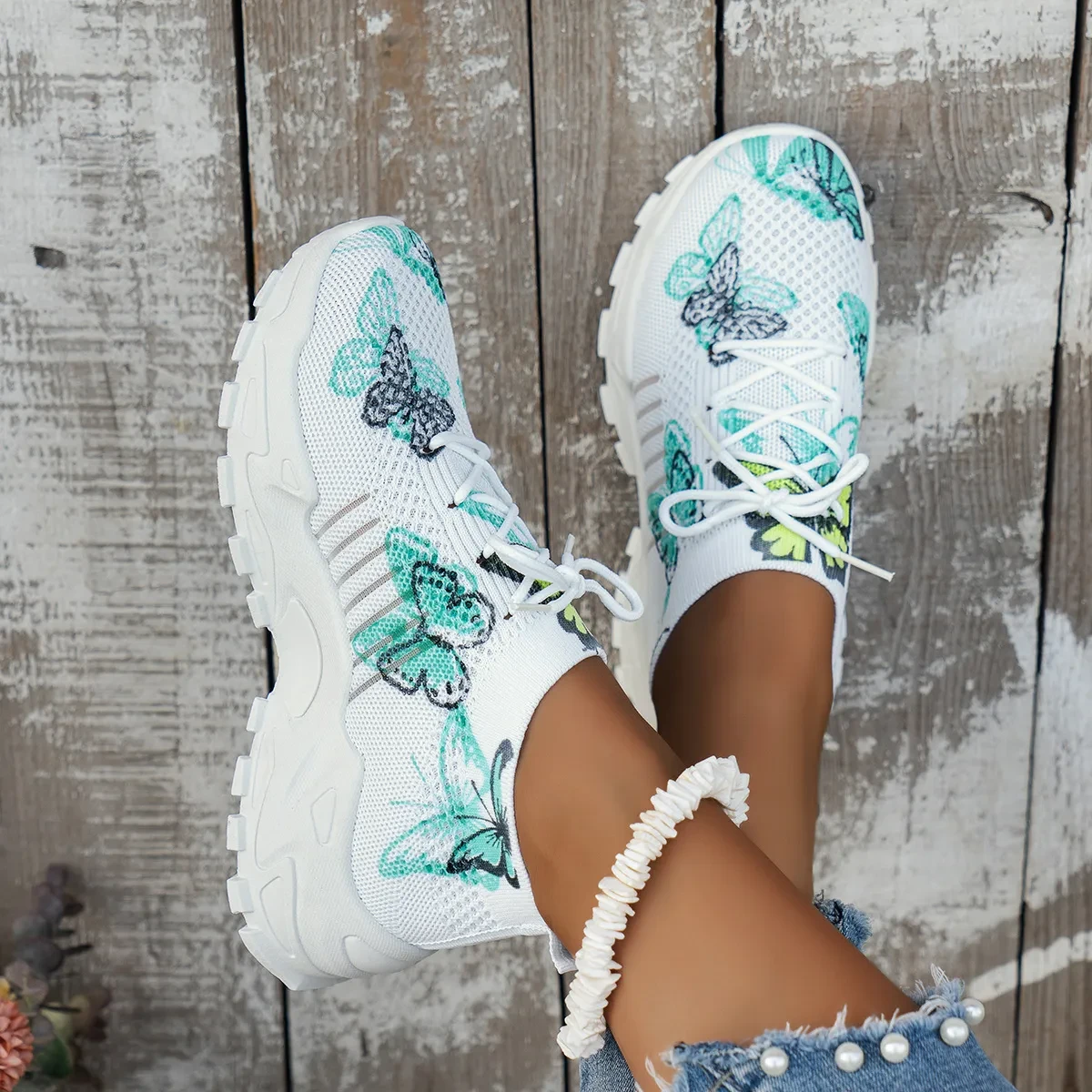 Butterfly Print Mesh Sneakers Women's Flat Heel Casual Shoes Fashion Running Jogging Walking Sports Shoes