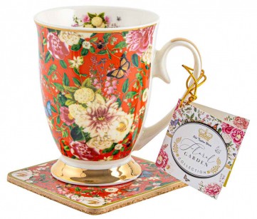 FLORAL GARDEN RED MUG AND COASTER SET