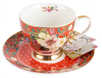 FLORAL GARDEN RED TEACUP AND SAUCER SET