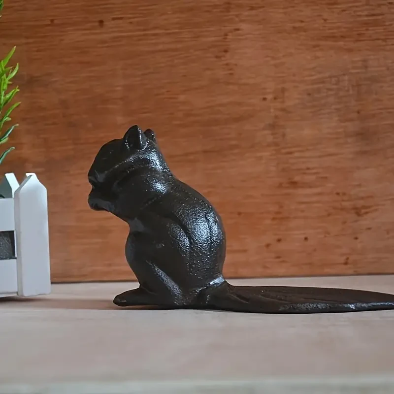 Decorative Cast Iron Door Stopper - Cute Squirrel Chipmunk Design, Heavy Duty Floor Wedge in Rustic Dark Brown