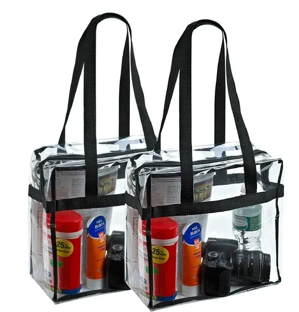 2x Clear PVC Tote Bag Women Large Transparent Handbag Zip Purse Stadium Security
