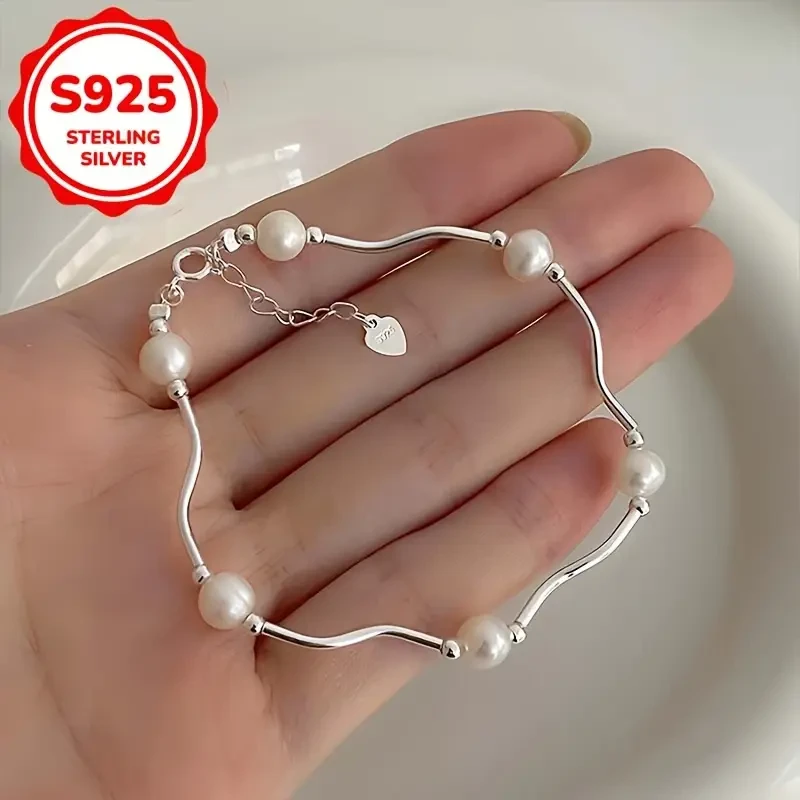 1pc Womens Elegant S925 Silver Faux Freshwater Pearl Bracelet Hypoallergenic All-Season Jewelry for Daily Wear & Special Occasions