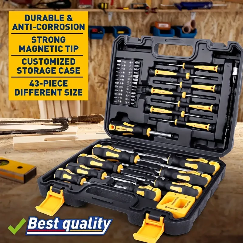 43-Piece Magnetic Screwdriver Kit with Box  Includes Slotted, Cross, Hex, Precision, and More
